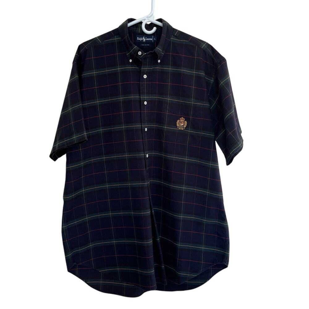 Ralph Lauren | Large Blue Green Tartan Plaid Cotton Embroidered Crest Shirt 90s